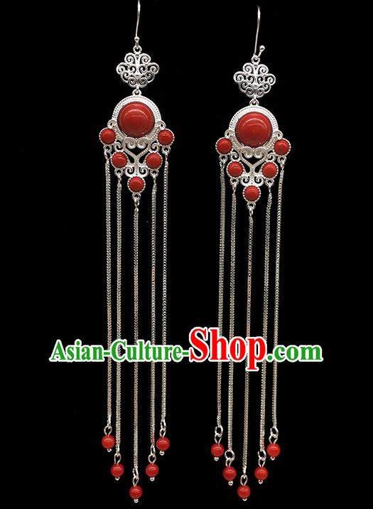 Chinese Traditional Mongolian Ethnic Sliver Accessories Mongol Nationality Red Earrings for Women