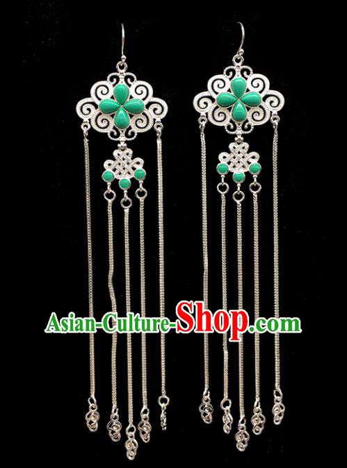 Traditional Chinese Mongolian Ethnic Sliver Tassel Earring Mongol Nationality Green Ear Accessories for Women