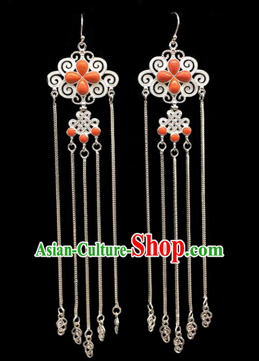 Traditional Chinese Mongolian Ethnic Sliver Tassel Earring Mongol Nationality Coral Stone Ear Accessories for Women