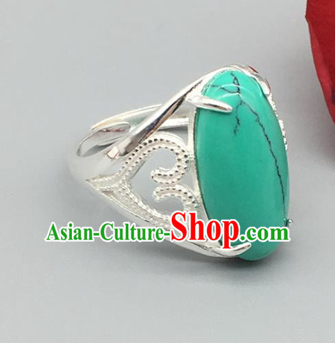 Chinese Traditional Ethnic Kallaite Rings Handmade Zang Nationality Sliver Finger Ring for Women