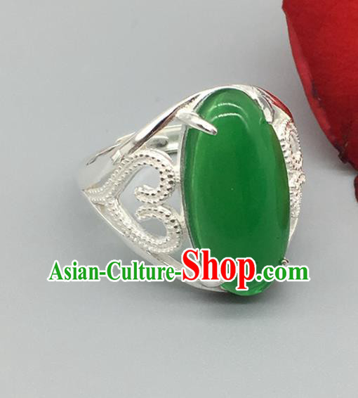 Chinese Traditional Ethnic Green Agate Rings Handmade Zang Nationality Sliver Finger Ring for Women