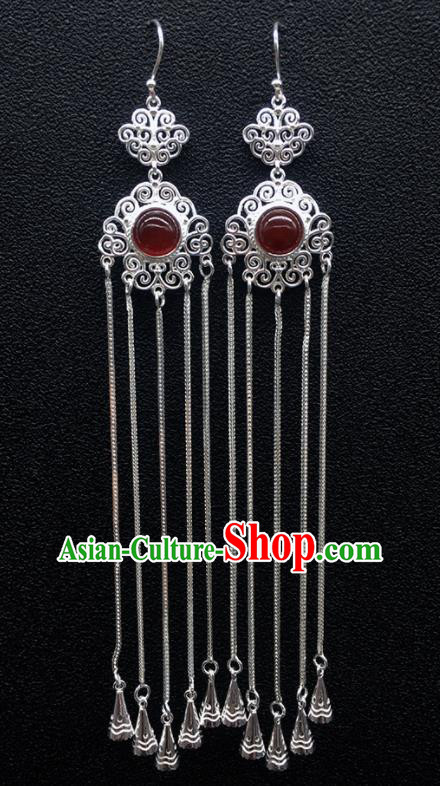 Traditional Chinese Mongolian Ethnic Sliver Tassel Earring Mongol Nationality Garnet Ear Accessories for Women