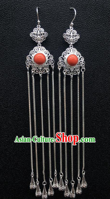 Traditional Chinese Mongolian Ethnic Sliver Tassel Earring Mongol Nationality Coral Stone Ear Accessories for Women