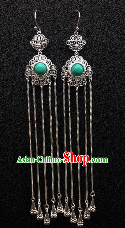 Traditional Chinese Mongolian Ethnic Sliver Tassel Earring Mongol Nationality Green Stone Ear Accessories for Women