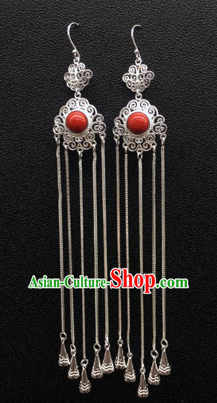 Traditional Chinese Mongolian Ethnic Sliver Tassel Earring Mongol Nationality Red Stone Ear Accessories for Women