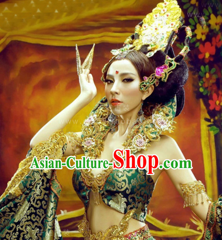 Traditional Green Tara Deity Costumes and Head Wear Accessories Complete Set