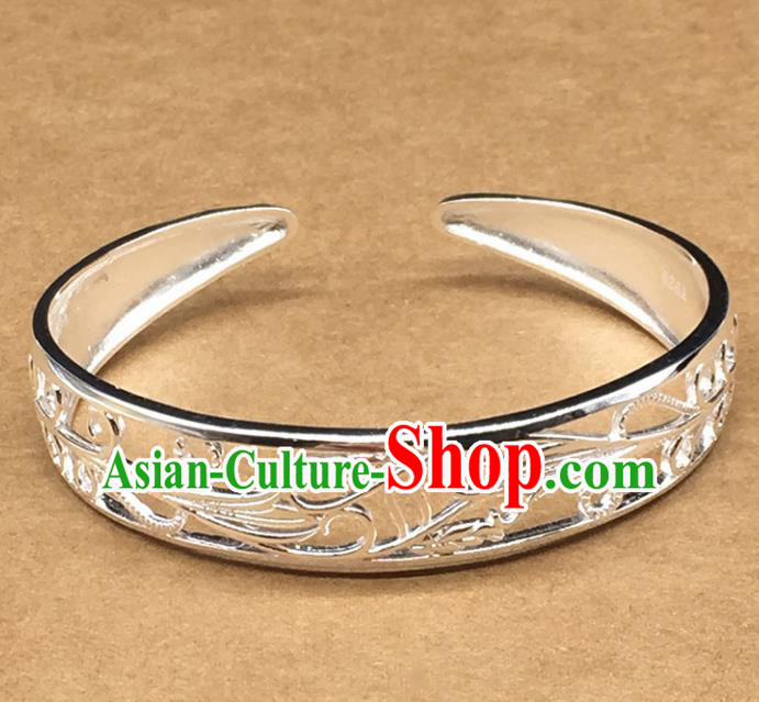 Traditional Chinese Mongolian Ethnic Carving Bracelet Mongol Nationality Sliver Bangle Accessories for Women