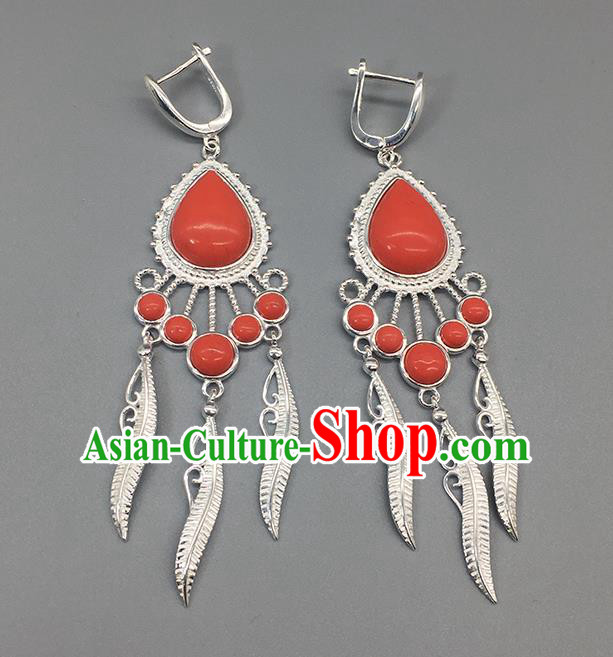 Traditional Chinese Mongolian Coral Stone Earring Mongol Nationality Ethnic Sliver Ear Accessories for Women