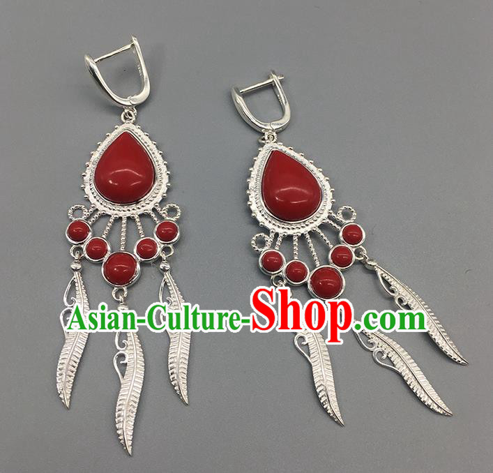Traditional Chinese Mongolian Red Stone Earring Mongol Nationality Ethnic Sliver Ear Accessories for Women