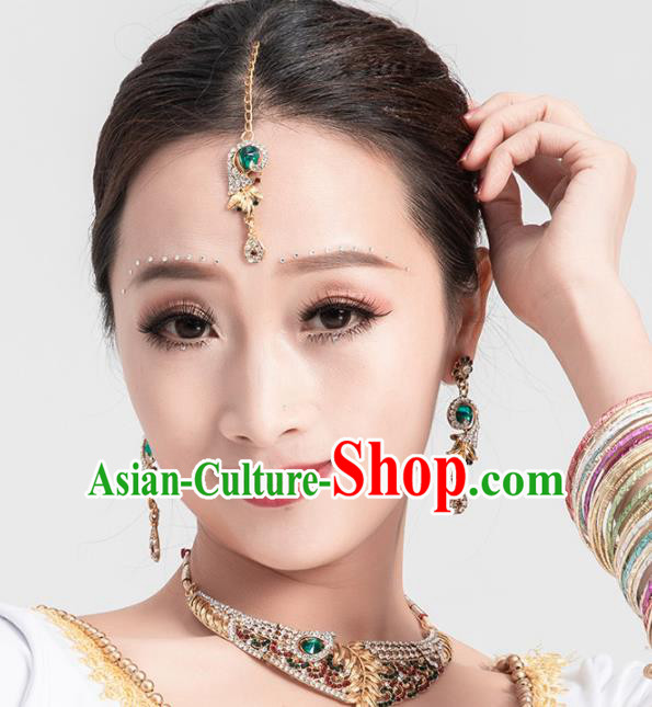 Asian India Traditional Jewelry Accessories Green Crystal Hair Clasp Necklace and Earrings for Women