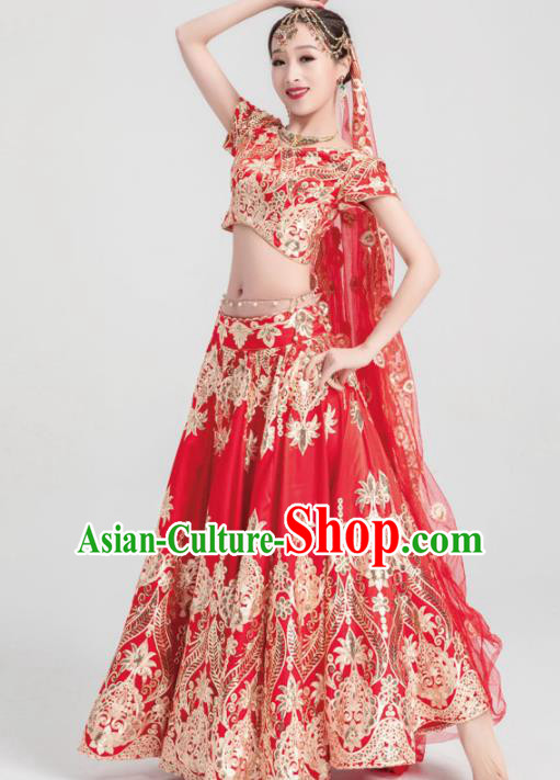 Asian India Traditional Costumes South Asia Indian Bollywood Belly Dance Red Veil Dress for Women