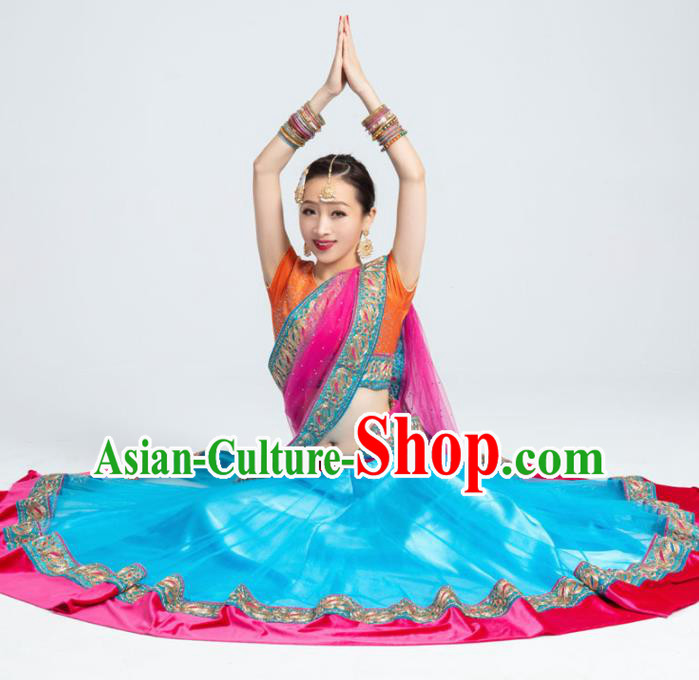 Asian India Traditional Bollywood Costumes South Asia Indian Belly Dance Blue Dress for Women