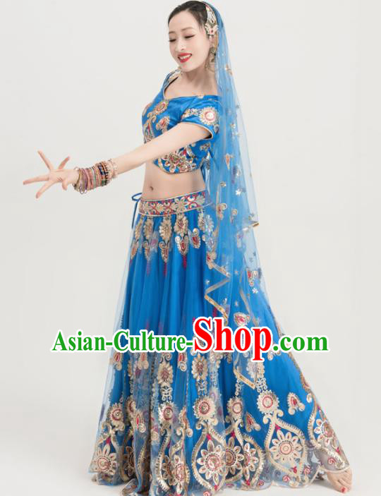 Asian India Sari Traditional Bollywood Costumes South Asia Indian Belly Dance Blue Dress for Women