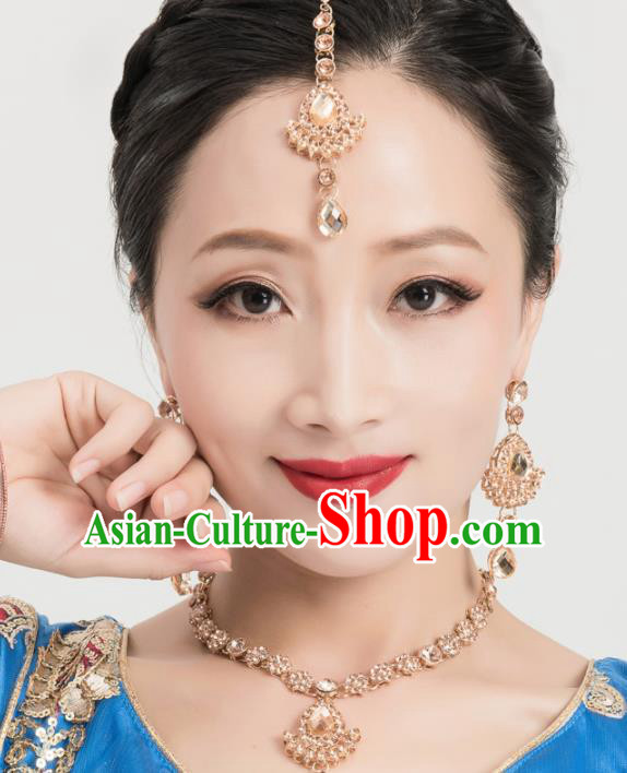 Asian India Traditional Jewelry Accessories Crystal Hair Clasp Necklace and Earrings for Women