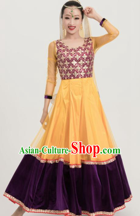 Asian India Traditional Sari Bollywood Belly Dance Costumes South Asia Indian Princess Yellow Dress for Women