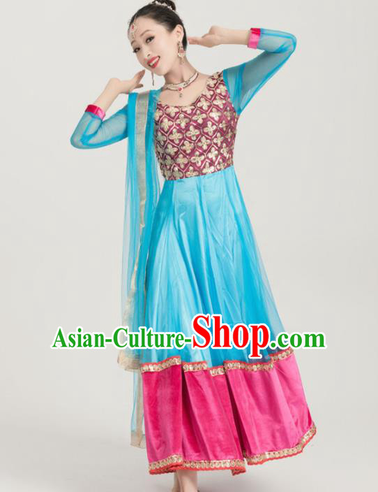 Asian India Traditional Sari Bollywood Belly Dance Costumes South Asia Indian Princess Blue Dress for Women