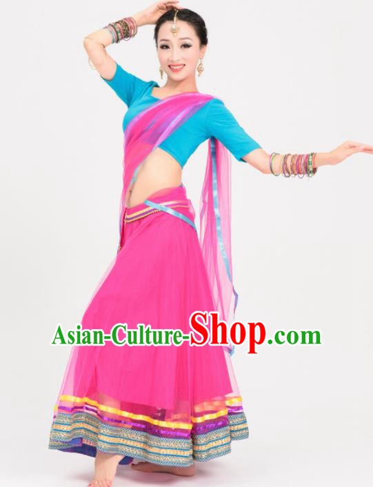 Asian India Traditional Sari Bollywood Belly Dance Costumes South Asia Indian Princess Rosy Veil Dress for Women