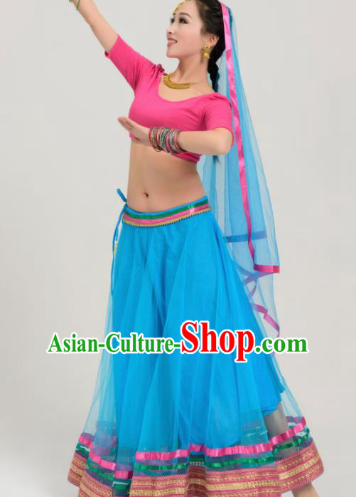 Asian India Traditional Sari Bollywood Belly Dance Costumes South Asia Indian Princess Blue Veil Dress for Women