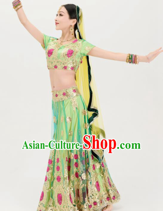 Asian India Traditional Sari Bollywood Belly Dance Costumes South Asia Indian Princess Light Green Dress for Women