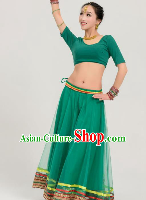 Asian India Traditional Bollywood Belly Dance Costumes South Asia Indian Princess Sari Green Veil Dress for Women