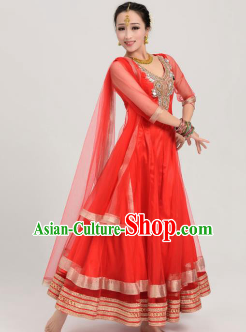 Asian India Traditional Bollywood Costumes South Asia Indian Belly Dance Red Veil Sari Dress for Women