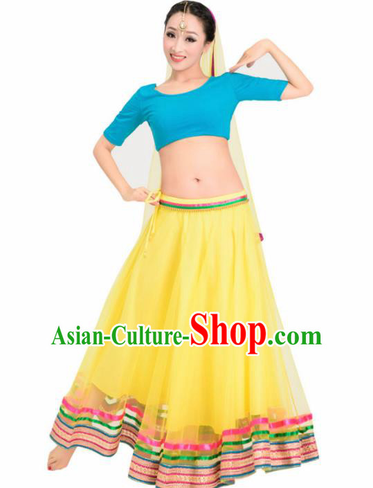 Asian India Princess Traditional Oriental Bollywood Costumes South Asia Indian Belly Dance Yellow Veil Sari Dress for Women