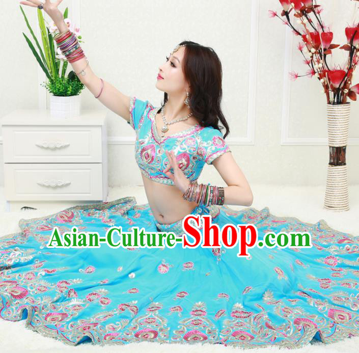 Asian India Princess Traditional Oriental Bollywood Blue Costumes South Asia Indian Belly Dance Sari Dress for Women