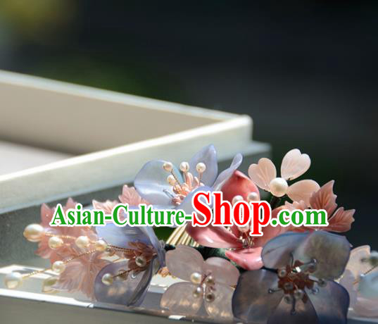 Traditional Chinese Hanfu Hair Accessories Ancient Princess Pink and Blue Flowers Hair Comb for Women