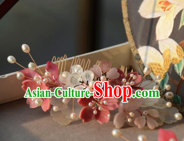 Traditional Chinese Hanfu Hair Accessories Ancient Princess Pink and White Flowers Hair Comb for Women