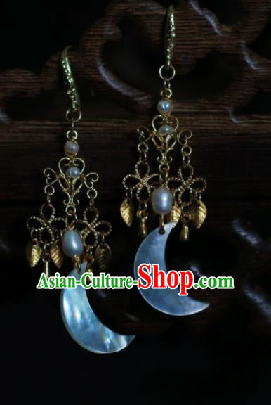 Traditional Chinese Hanfu Accessories Ancient Princess Shell Moon Earrings for Women