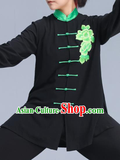 Asian Chinese Martial Arts Wushu Costume Traditional Tai Ji Kung Fu Training Embroidered Peony Black Uniform for Women
