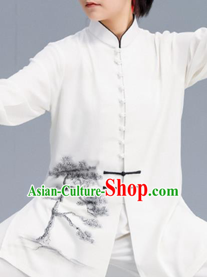 Asian Chinese Martial Arts Wushu Ink Painting Pine Costume Traditional Tai Ji Kung Fu Training Uniform for Women