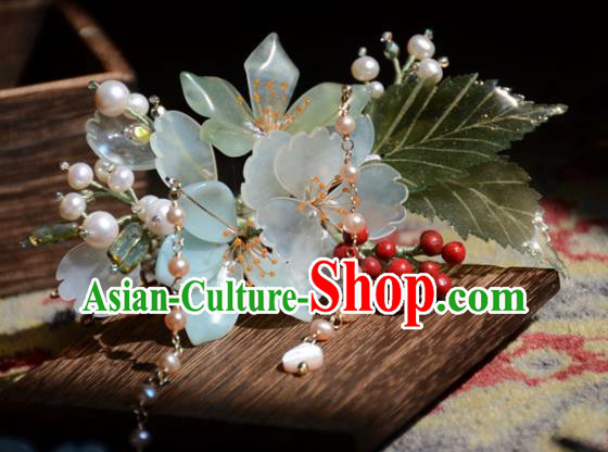 Traditional Chinese Hanfu Hair Accessories Ancient Princess Pearls Green Flowers Hairpins for Women