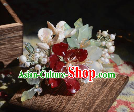 Traditional Chinese Hanfu Hair Accessories Ancient Princess Pearls Red Flowers Hairpins for Women