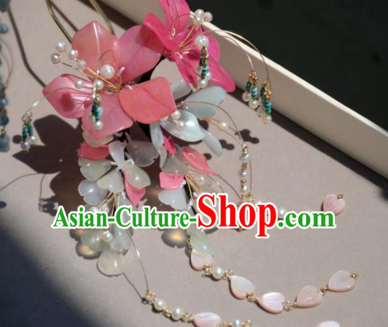 Traditional Chinese Hanfu Hair Accessories Ancient Princess Pink Flowers Tassel Hairpins for Women