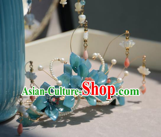 Traditional Chinese Hanfu Hair Accessories Ancient Princess Blue Flowers Hair Crown Tassel Hairpins for Women