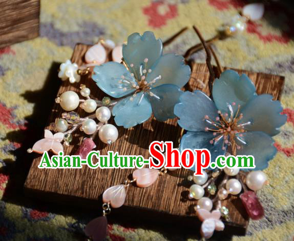 Traditional Chinese Hanfu Hair Accessories Ancient Princess Pearls Blue Flowers Tassel Hairpins for Women