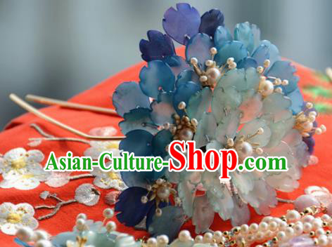 Traditional Chinese Hanfu Blue Peony Hair Clip Hair Accessories Ancient Princess Hairpins for Women