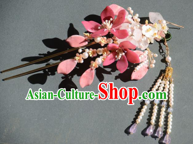 Traditional Chinese Hanfu Pink Peach Blossom Tassel Hair Clip Hair Accessories Ancient Princess Hairpins for Women