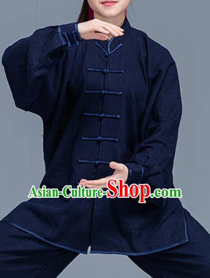 Asian Chinese Traditional Martial Arts Costume Tai Ji Kung Fu Training Navy Uniform for Women