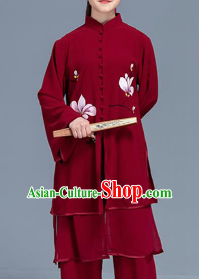 Asian Chinese Traditional Martial Arts Printing Magnolia Red Costume Tai Ji Kung Fu Training Uniform for Women