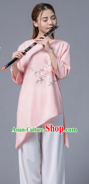 Asian Chinese Martial Arts Traditional Kung Fu Printing Peach Blossom Pink Costume Tai Ji Training Group Competition Uniform for Women