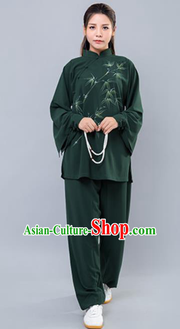 Asian Chinese Martial Arts Traditional Kung Fu Printing Bamboo Green Costume Tai Ji Training Group Competition Uniform for Women