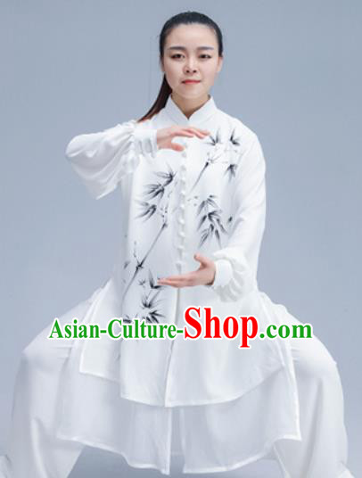 Asian Chinese Martial Arts Traditional Kung Fu Costume Tai Ji Training Group Competition Printing Bamboo White Uniform for Women