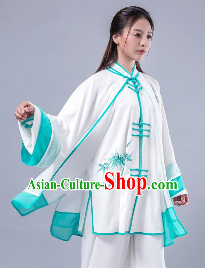 Asian Chinese Martial Arts Traditional Kung Fu Costume Tai Ji Training Group Competition Printing Bamboo Green Uniform for Women