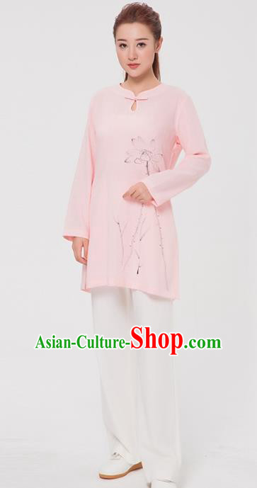 Asian Chinese Martial Arts Traditional Kung Fu Costume Tai Ji Training Ink Painting Lotus Pink Blouse for Women