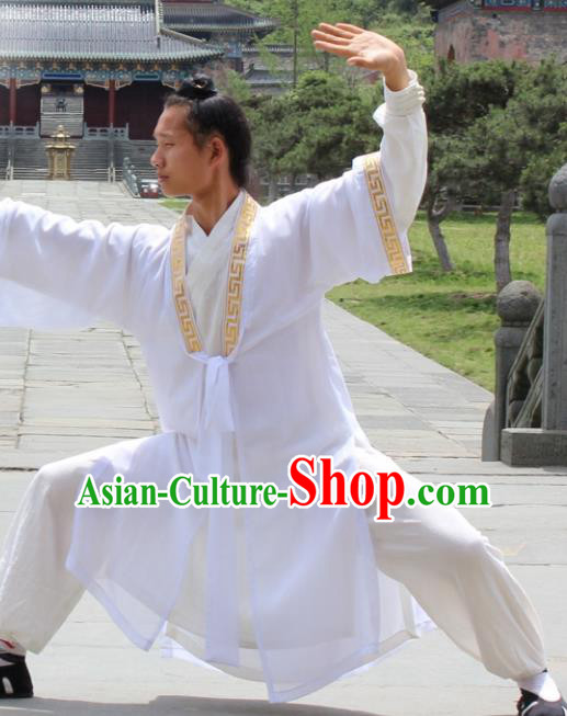 Asian Chinese Traditional Martial Arts Kung Fu Costume Taoist Priest Tai Ji White Robe for Men