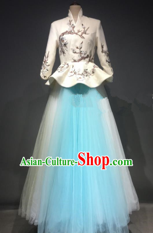 Top Grade Chinese Stage Performance Blue Veil Dress Brazilian Carnival Modern Fancywork Costume for Women