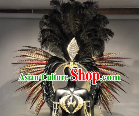 Top Grade Halloween Stage Performance Props Brazilian Carnival Black Feather Wings and Headwear for Women