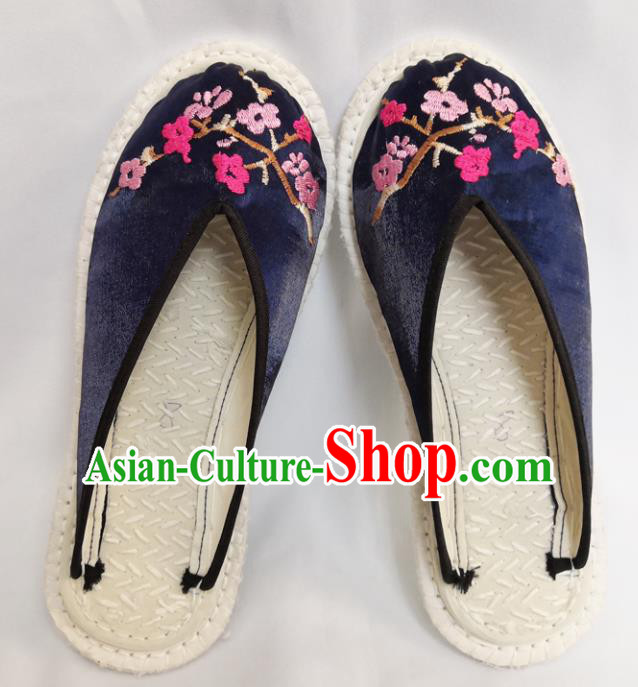 Chinese Ancient Princess Shoes Traditional Navy Satin Slippers Hanfu Shoes Embroidered Shoes for Women